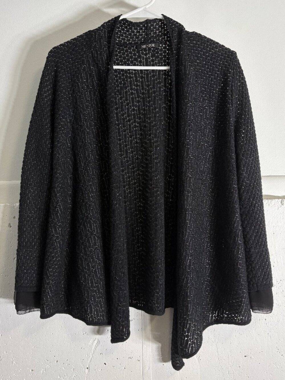 NIC+ZOE Black Open-Front Textured Knit Cardigan with Chiffon Trim